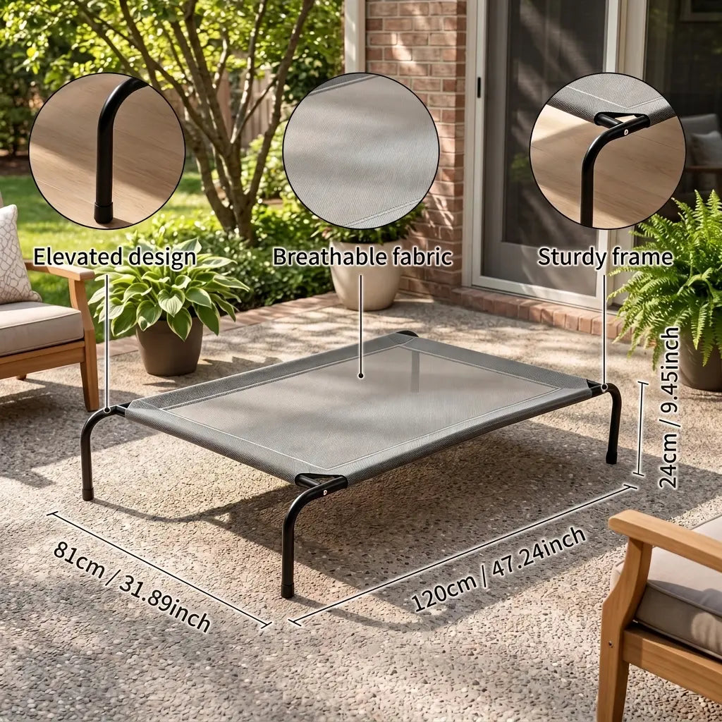 Petitrinu Elevated Dog Bed with Metal Frame - Breathable Textilene Mesh Fabric for Cooling and Joint Relief, Available in Two Sizes for Medium/Large Dogs