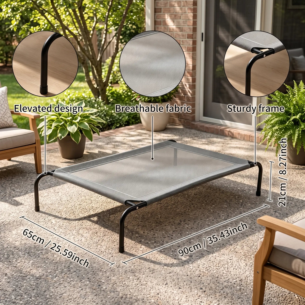 Petitrinu Elevated Dog Bed with Metal Frame - Breathable Textilene Mesh Fabric for Cooling and Joint Relief, Available in Two Sizes for Medium/Large Dogs