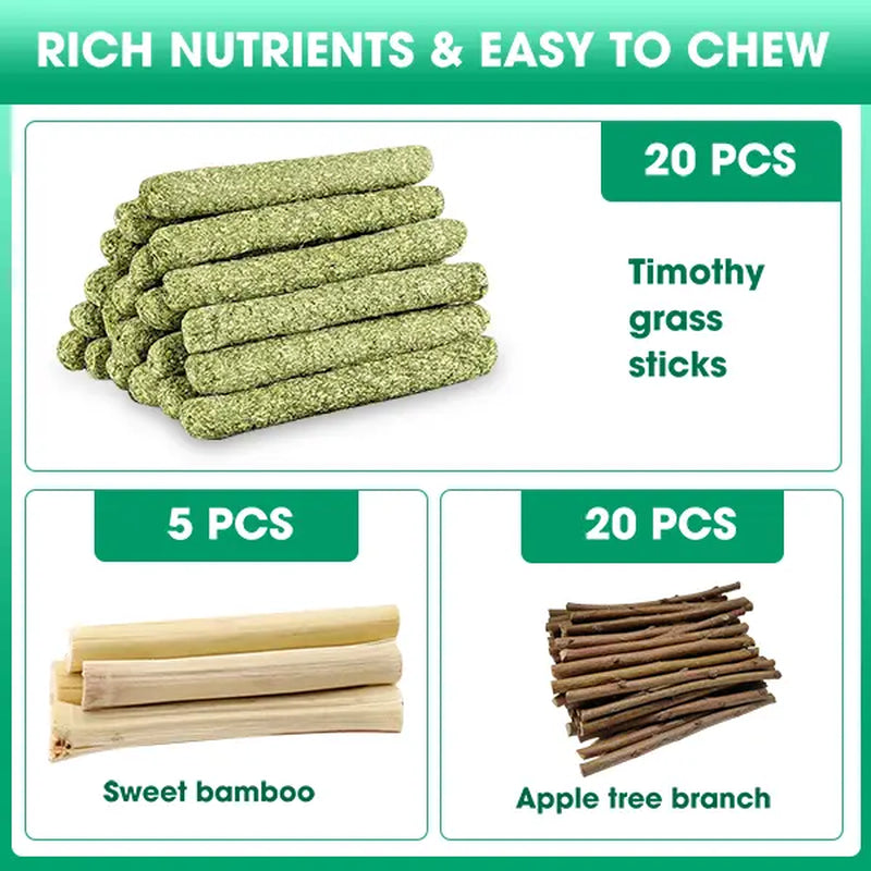 45-Piece Plant-Based High-Fiber Rabbit Molar Chew Sticks - Natural Blend of Sweet Bamboo and Timothy Hay for Dental Health and Stress Relief, Ideal Small Pet Treats for Rabbits and Hamsters