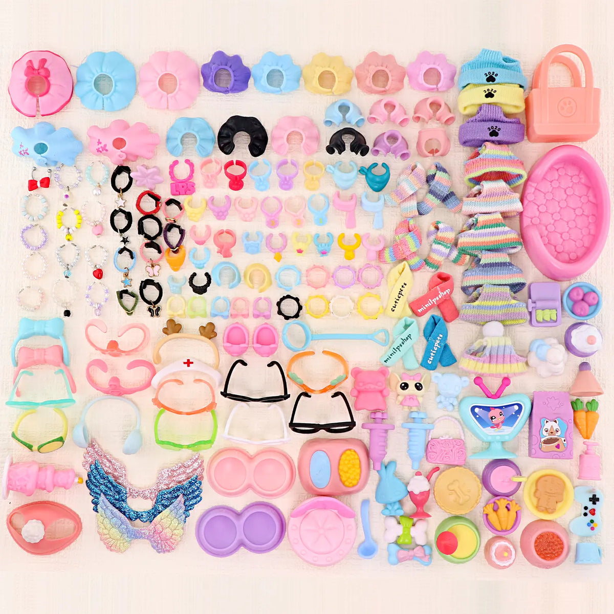 Stylish Accessories for Dogs and Cats: Necklaces, Collars, Clothing, Glasses, Hats, Bows, and Food and Drink Options for Various Breeds