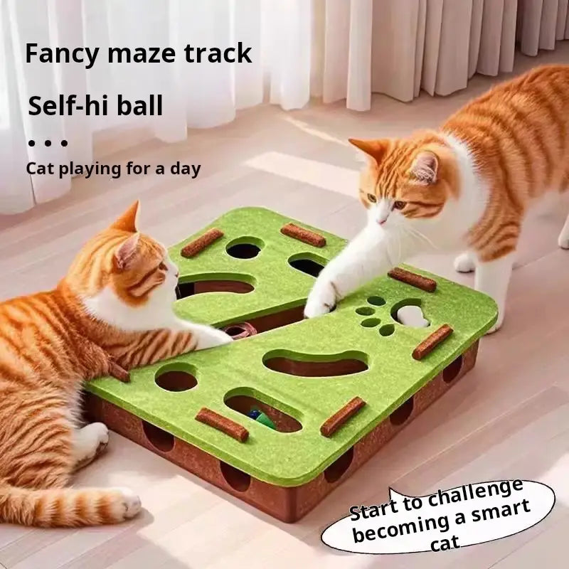 Green Maze Ball Cat Toy - Felt Surface with Animal Print, Engaging Track Design for Indoor Kittens, Universal Size Exercise Aid and Boredom Relief
