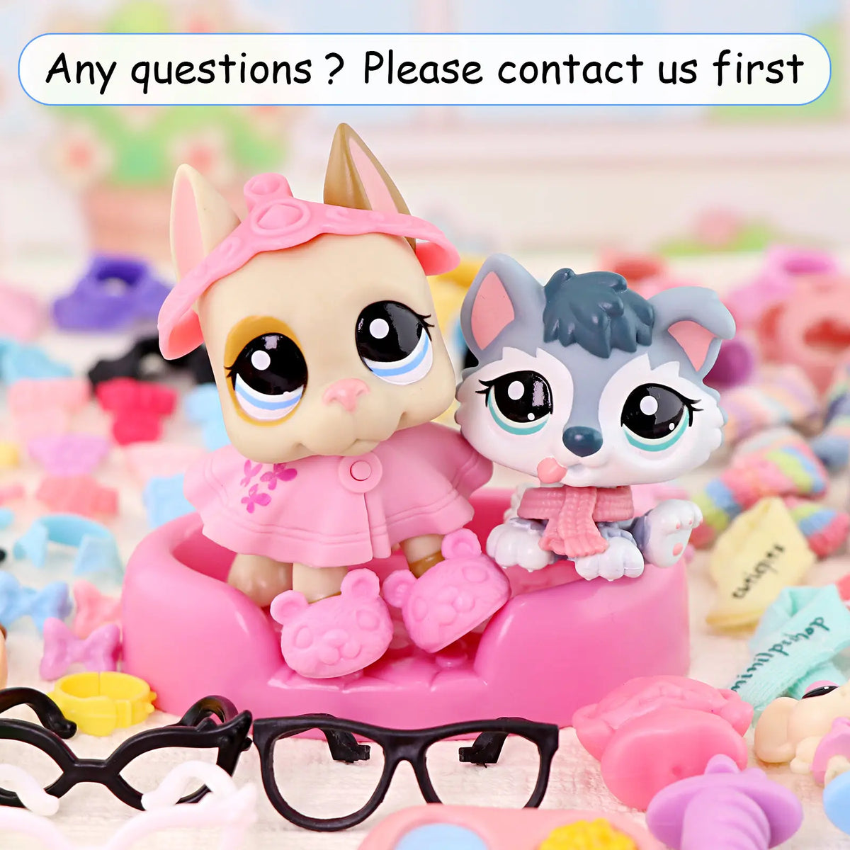 Stylish Accessories for Dogs and Cats: Necklaces, Collars, Clothing, Glasses, Hats, Bows, and Food and Drink Options for Various Breeds