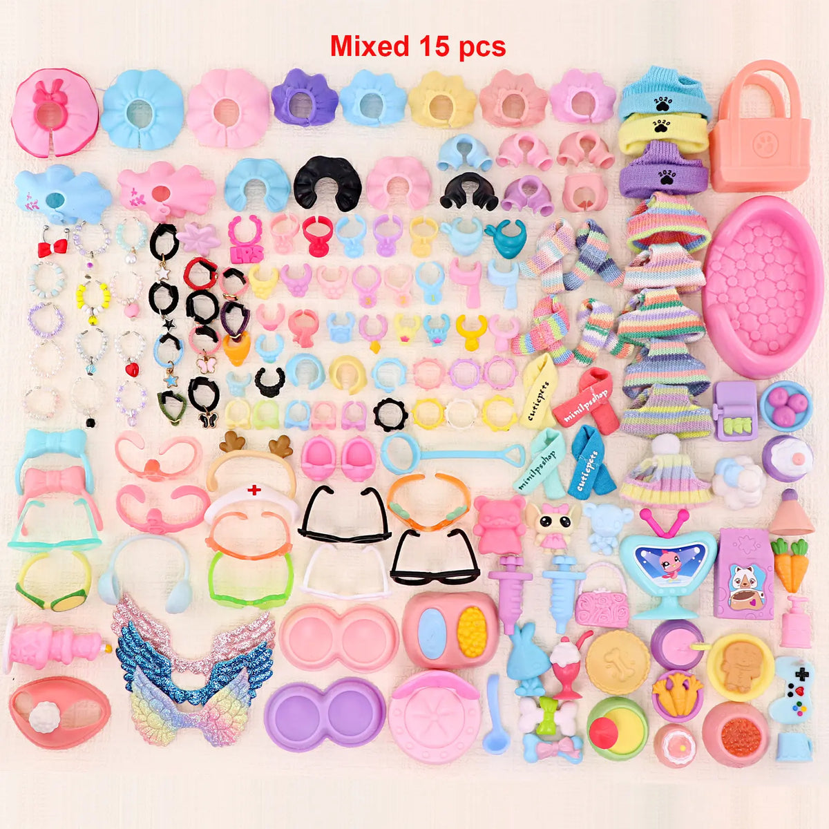 Stylish Accessories for Dogs and Cats: Necklaces, Collars, Clothing, Glasses, Hats, Bows, and Food and Drink Options for Various Breeds